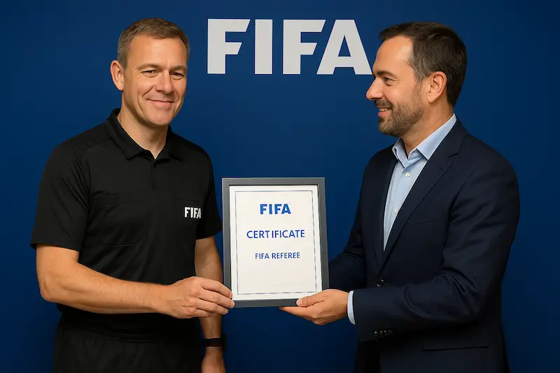 Árbitro recibiendo certificación FIFA de manos de un instructor